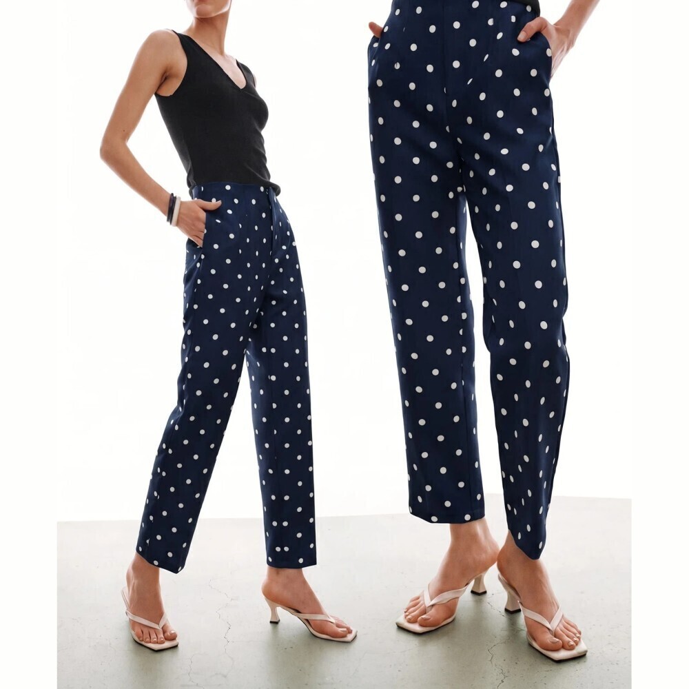 Navy Blue / White Polka Dot Cropped Slim Trousers with Pockets